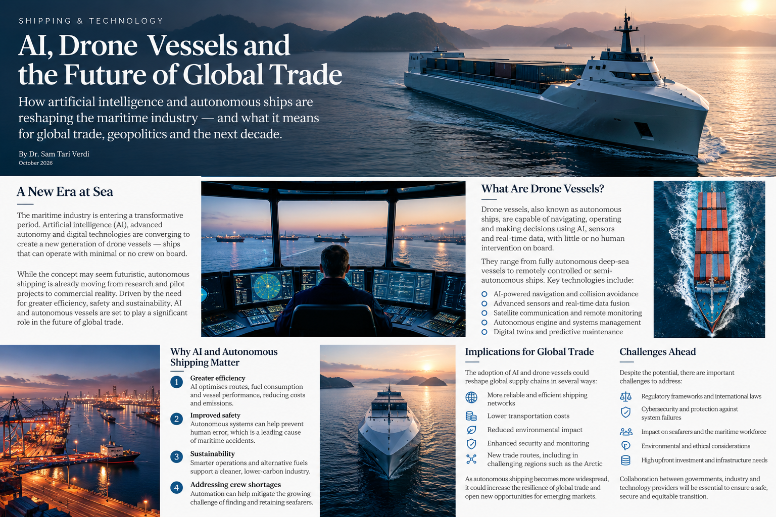 Editorial illustration of an autonomous cargo vessel at sea at sunset