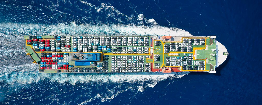 Aerial view of Ro-Ro vessel loaded with vehicles