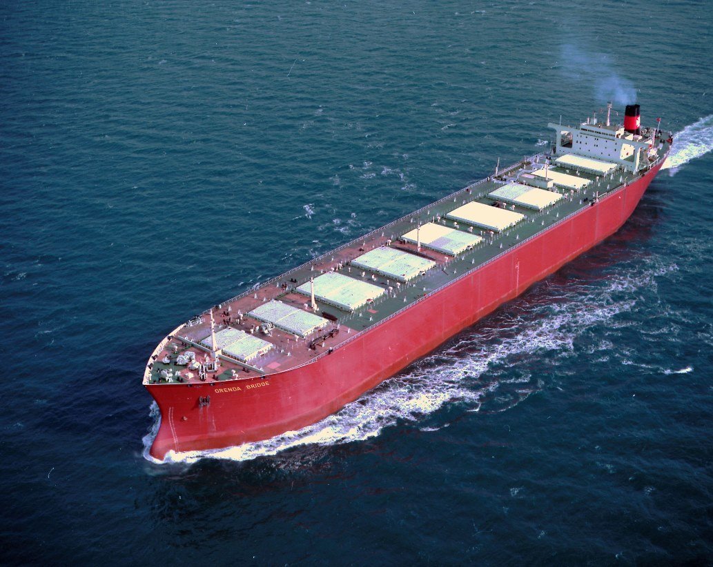 Bulk carrier on sea trials, aerial view
