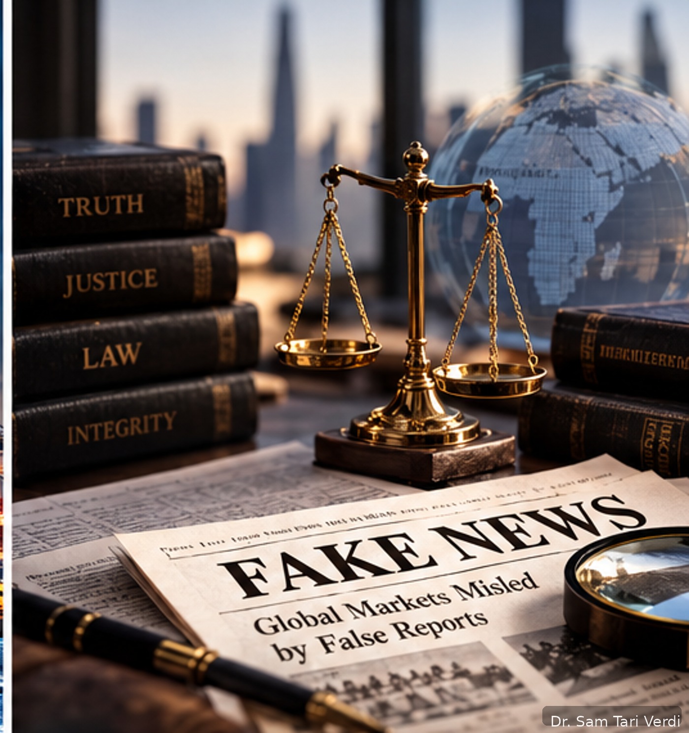 Law books, scales of justice and a newspaper representing the themes of truth, evidence and commercial misinformation