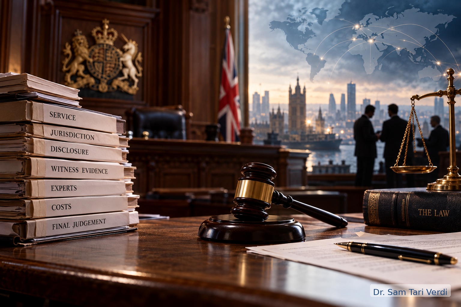 British courtroom, legal files, gavel, justice scales and global trade map representing international litigation